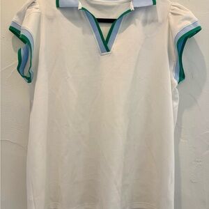 Women's White and Green Polo Top